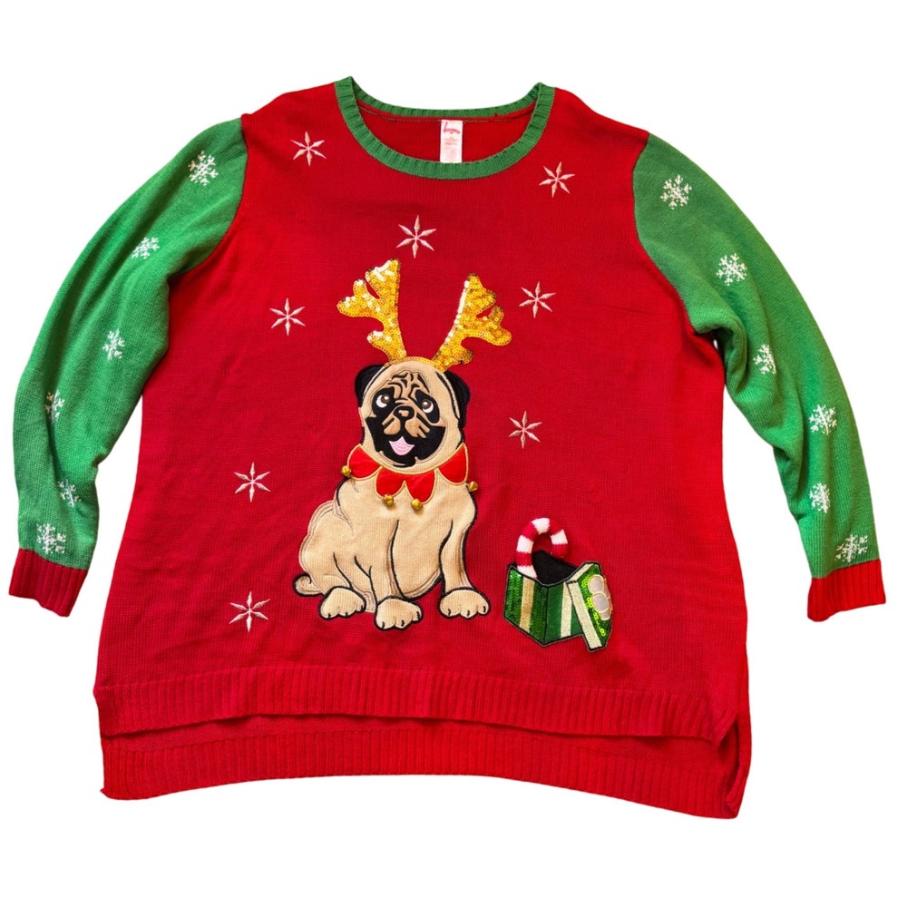 Holiday‎ Time Christmas Sweater Pug Dog Reindeer Antlers Classic Red Women's 4X